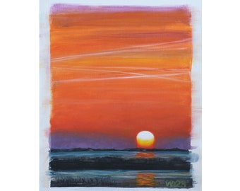 May include: A painting of a sunset over a body of water. The sky is a vibrant orange and yellow with streaks of white clouds. The sun is a bright orange circle setting below the horizon. The water is a dark blue and the land is a dark green.