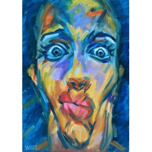 Shock: A girl with a distorted face and wide-open eyes, held by her own hand, painted in blue-green tones