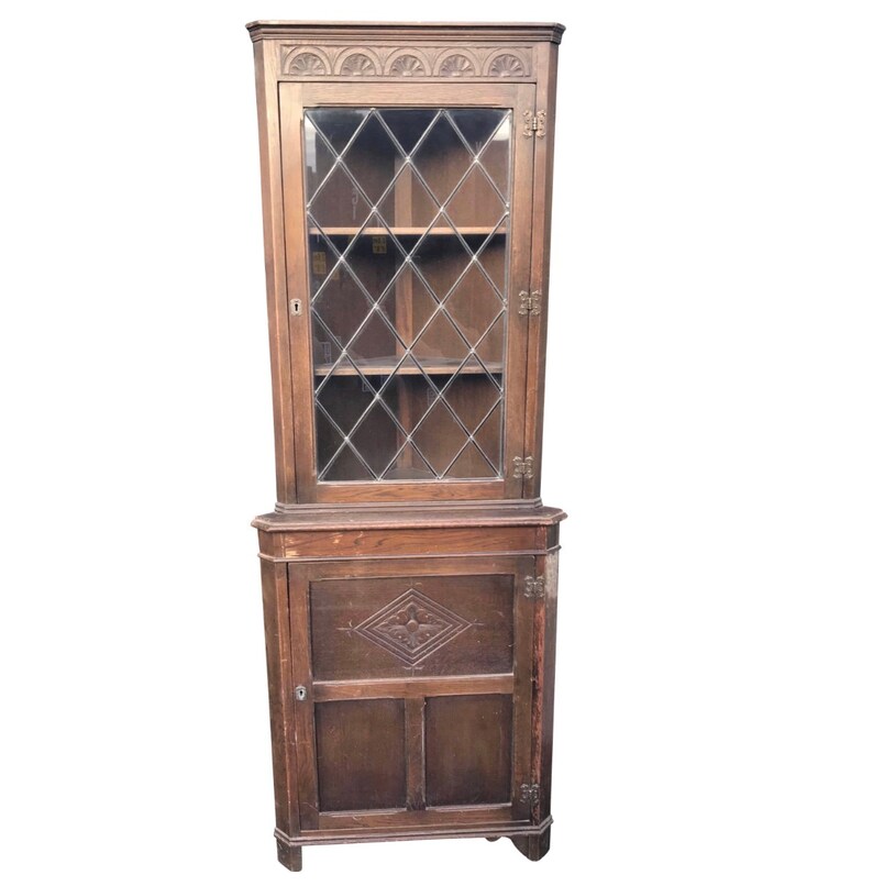 Old Vintage Oak Glazed Corner Cabinet Display Cupboard Etsy