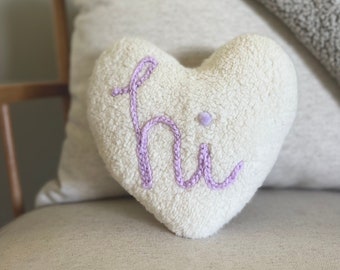 READY TO SHIP // ‘Hi’ Purple Embroidered Mini Sherpa Throw Pillow - Sherpa Decor, Heart Pillow