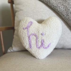 READY TO SHIP // ‘Hi’ Purple Embroidered Mini Sherpa Throw Pillow - Sherpa Decor, Heart Pillow
