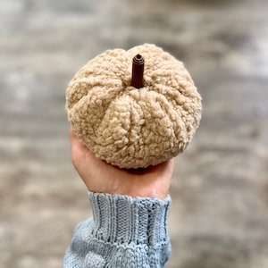 Petite Tan Sherpa Pumpkin with Faux Leather Stem - Sherpa Pumpkin, Pumpkin Decor, Fall Sherpa Decor