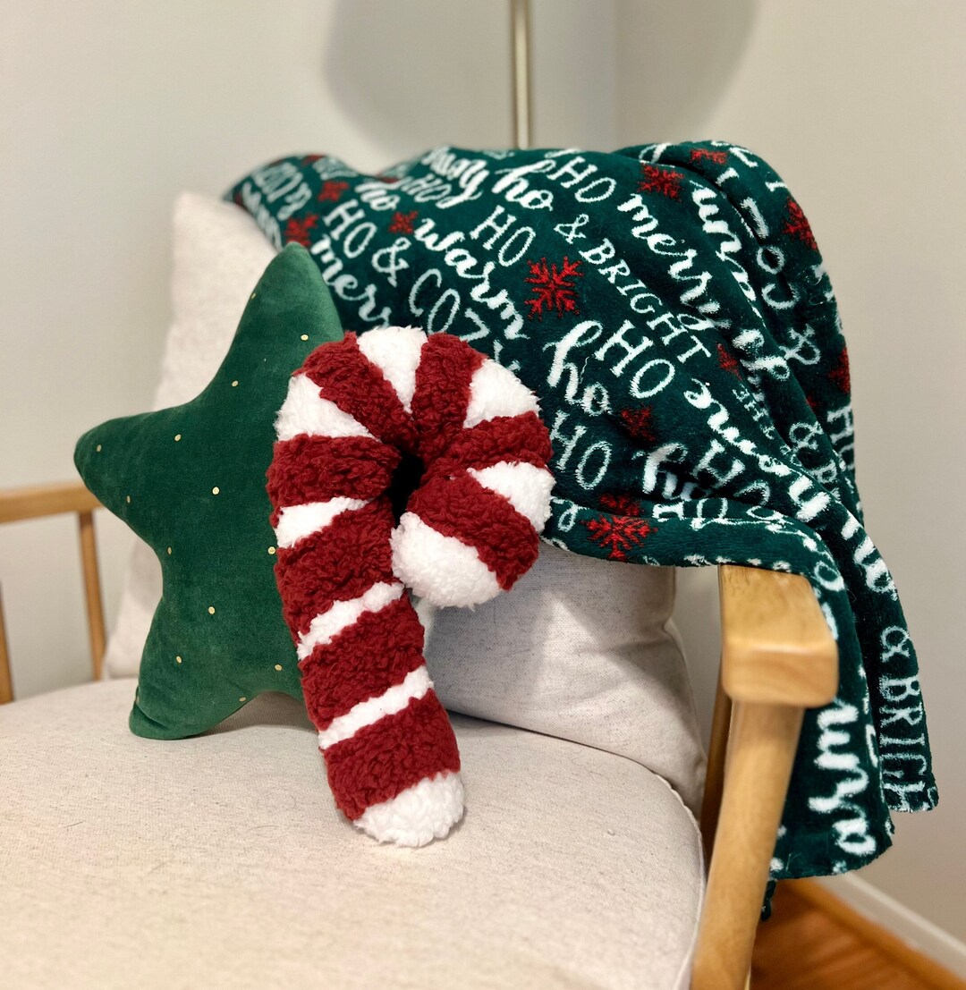 Plush Sherpa Candy Cane Pillow Holiday Plush Decor Pillow, Christmas
