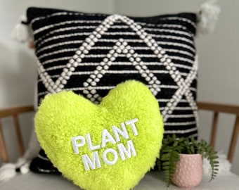 Plush Sherpa “Plant Mom” Heart Mini Decor Pillow in Lime Green - Heart Shaped Pillow, Sherpa Decor, Heart Pillow, Plant Mom Decor