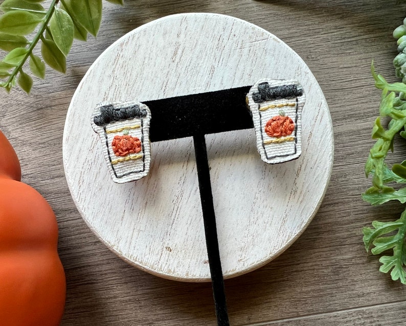 Hand Embroidered Pumpkin Spice Stud Earrings Fall Earrings, Pumpkin Spice Jewelry image 4