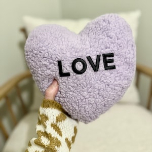 Plush Sherpa “Love” Heart Mini Decor Pillow in Light Lilac Purple - Heart Shaped Pillow, Sherpa Decor, Valentines Day Pillow, Heart Pillow