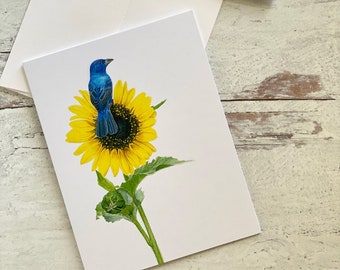 Indigo Bunting with Sunflower Greeting Card