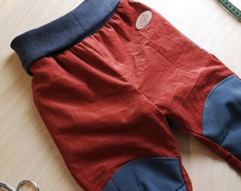 Fireplace red corduroy trousers with gray softshell trim - outdoor trousers, playground trousers, grow-along trousers with pockets