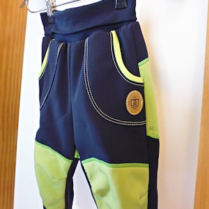 Softshell trousers navy with extra green reinforcement, mud trousers, children's outdoor trousers