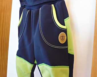 Softshell trousers navy with extra green reinforcement, mud trousers, children's outdoor trousers