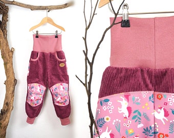 Breitcordhose Malve / Rosa mit Softshellbesatz Einhorn - Outdoorhose, Speilplatzhose, Mitwachshose mit Taschen IDA