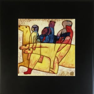 Ceramic Tile Art with Frame, Hand Painted, Decorative Tile Art, Wall Hanging, Yellow, Blue, Horses, Golden Journey