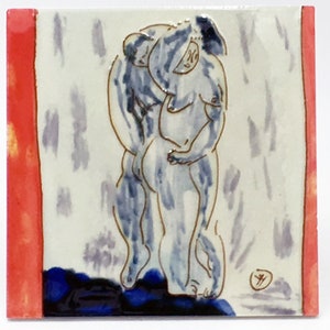Couple in the Rain - Ceramic Tile Art, Hand Painted, Decorative Tile Art, Wall Hanging, Blue, Red, White, Contemporary Figures