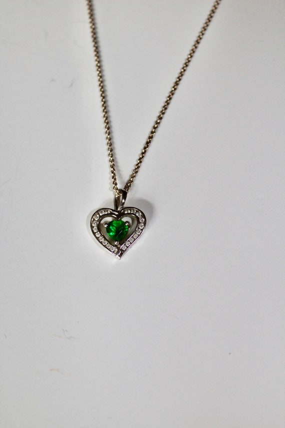 Vintage Sterling Silver Heart Necklace with Emera… - image 1