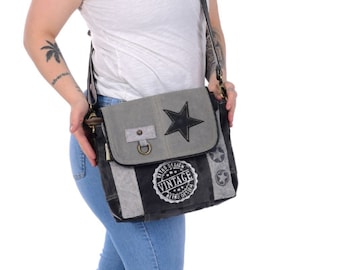 Messenger bag in vintage style. Small shoulder bag. Gray bag with star design. Crossbody bag for her. Retro women's bag as a gift