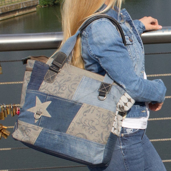 Jeans Shopper Handtasche, große Henkeltasche aus Recycelte Jeans, blau grau Schultertasche in Retro Design, Canvas Tasche mit Reißverschluss