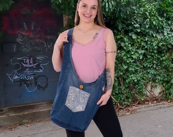 Sunsa women's sustainable hobo bag. Shoulder bag made from recycled jeans & cotton. Boho crossbody bag can be used on both sides.