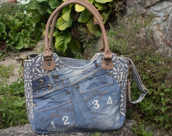 Borsa di jeans riciclati, grande manico superiore da donna, borsa tote shopper, borsa denim sostenibile, borsa a tracolla vintage retrò, manico superiore in pelle