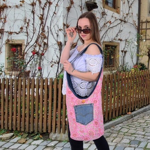 Sunsa Damen nachhaltige Hobo Tasche. Umhängetasche aus recycelte Jeans & Baumwolle. Boho Crossbody Bag beidseitig verwendbar.