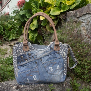 Recycelte Jeans Handtasche, Damen große Henkeltasche, Tote-Shopper Bag, Denim Nachhaltige Tasche, Retro Vintage Schultertasche, Leder Henkel