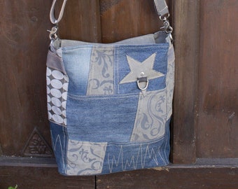 Sunsa women's blue shoulder bag. Large canvas shoulder bag crossbody bag made from recycled jeans. Sustainable bag ladies bag as a gift