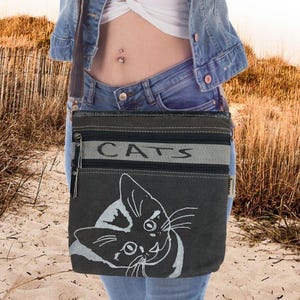 Sac bandoulière pour femme, sac à main en toile et cuir. Produits durables, grand sac vintage à bandoulière, motif chat