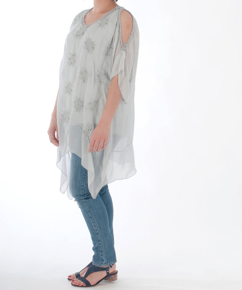 Tunic made of Cotton, short summer tunic, beach wear, grey tunic, grey women shirt, short arm shirt, Tunic with lace, grey women blouse image 7