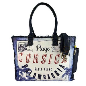 Sunsa XXL Handtasche mit Corsica Motiv, Badetasche aus Canvas. Große Weekender