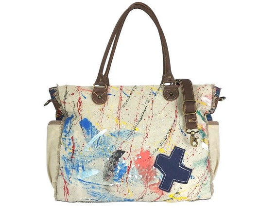 Sunsa Damen Umhängetasche Aus Canvas & Recycelter Jeans – Nachhaltig, Vintage, 31x31x9 Cm