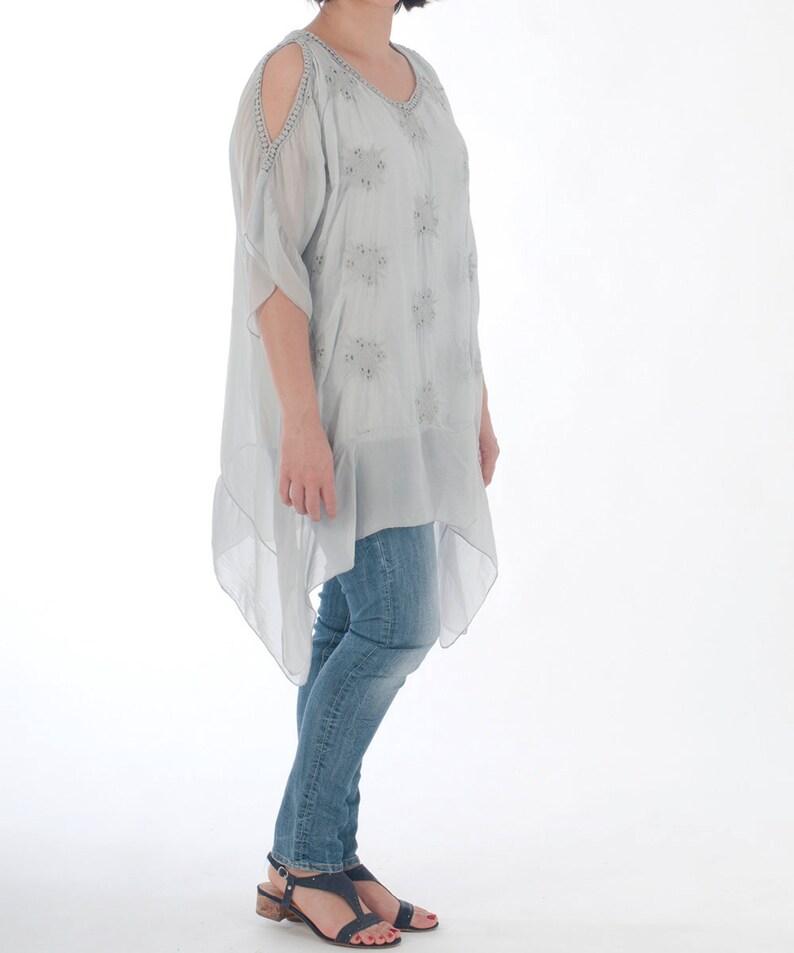 Tunic made of Cotton, short summer tunic, beach wear, grey tunic, grey women shirt, short arm shirt, Tunic with lace, grey women blouse image 6