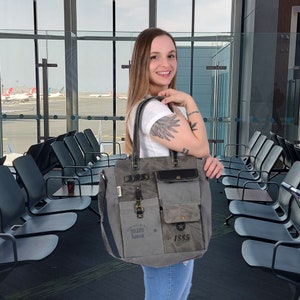 Sunsa Damen Handtaschen. Tasche aus Canvas & Leder. Graue Nachhaltige Schultertasche. Vintage Handgelenktasche mit viele Fächer. XXL Shopper
