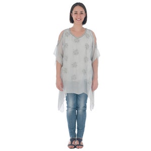 Tunic made of Cotton, short summer tunic, beach wear, grey tunic, grey women shirt, short arm shirt, Tunic with lace, grey women blouse image 2