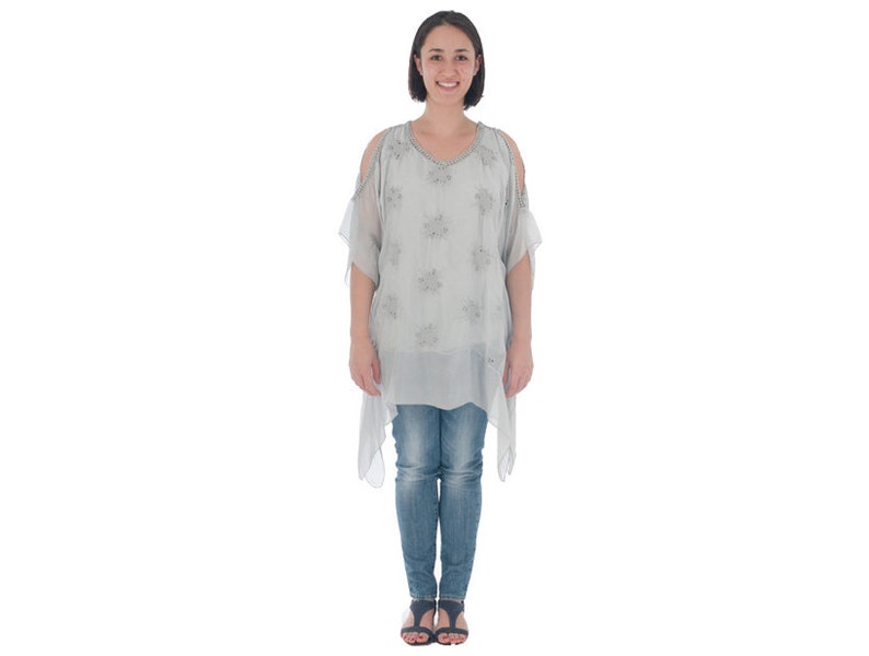 Tunic made of Cotton, short summer tunic, beach wear, grey tunic, grey women shirt, short arm shirt, Tunic with lace, grey women blouse image 2