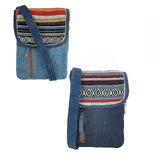 Damen Umhängetasche. Nachhaltige Crossover Tasche aus Recycelte Jeans & Baumwolle. Kleine vegane Schultertasche mit mehreren Fächern