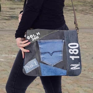 Damen Tasche Umhängetasche Handtasche, kleine nachhaltige Bag aus recycelter Jeans und Canvas, Vintage Design Teenager Taschen praktische