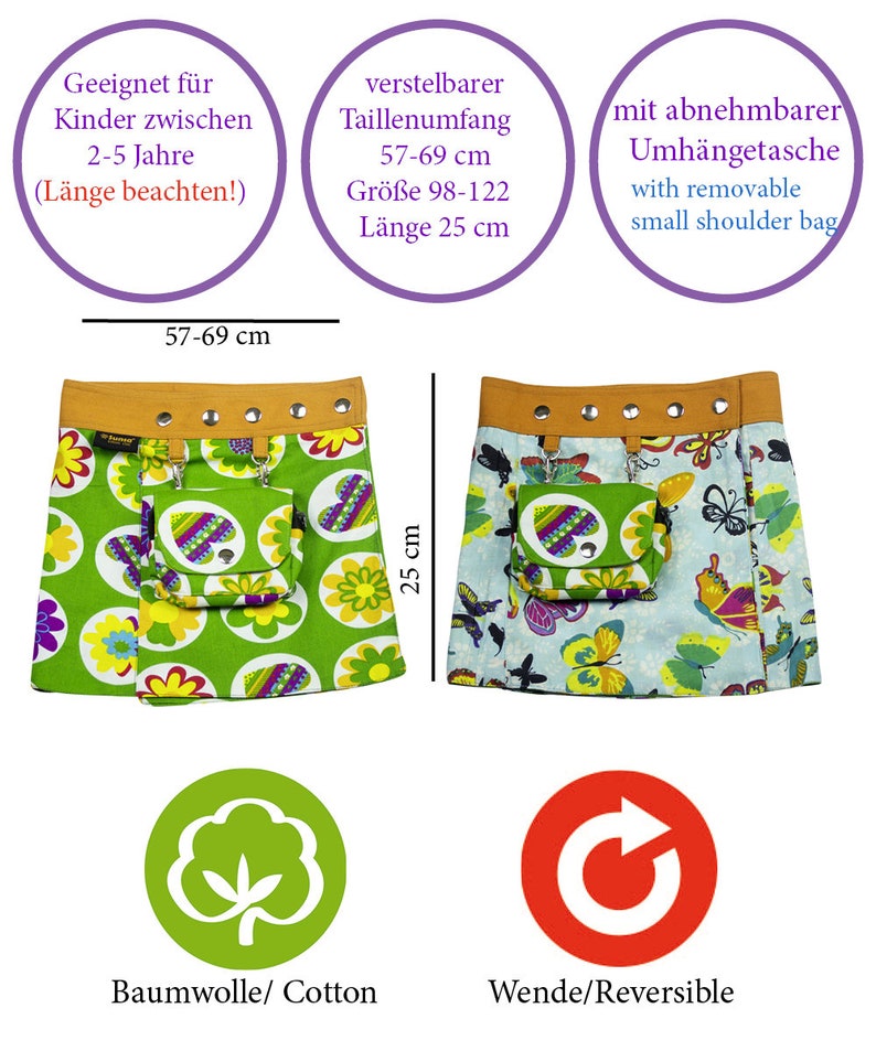 Sunsa Kids Skirt Mini Skirt Wrap Skirt Summer Skirt Cotton children skirt, size is variable Adjustable with press studs image 3