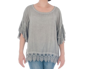 Tunic made of Cotton, short summer tunic, beach wear, grey tunic, grey women shirt, short arm shirt, Tunic with lace, grey women blouse