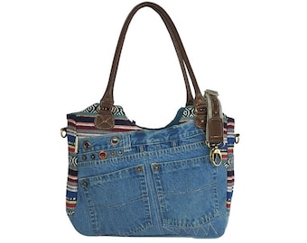 Borsa di jeans riciclati, grande manico superiore da donna, borsa tote shopper, borsa denim sostenibile, borsa a tracolla vintage retrò, manico superiore in pelle