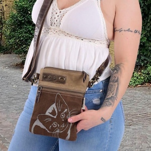 Sac à bandoulière, sac à poignée, sac à bandoulière, toile, bandoulière, motif chat, petit sac en toile, sac à poignée, sac en tissu marron