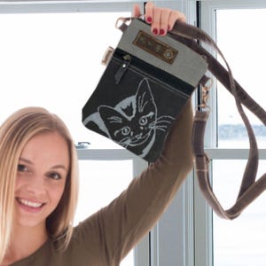 Sac bandoulière pour femme, sac à main en toile et cuir. Produits durables, grand sac vintage à bandoulière, motif chat