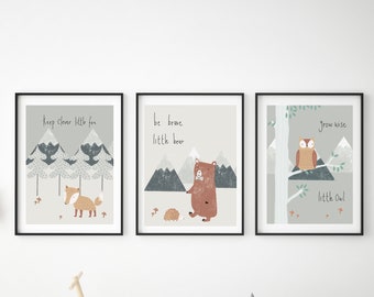 Woodland Animals Nursery Prints: Fox, Bear, Owl Art (Digital Download)