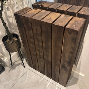 Elemental custom radiator cover - Wide vertical slat design, custom size and finish Dark Oak