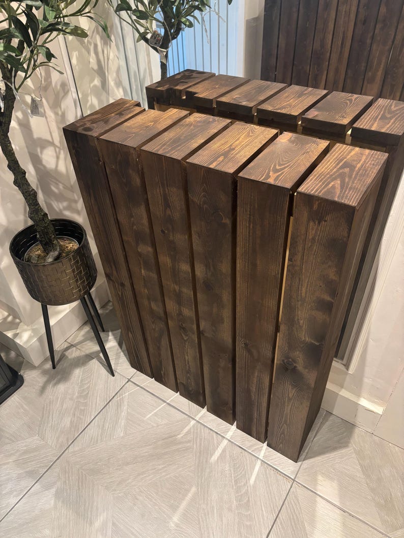 Elemental custom radiator cover - Wide vertical slat design, custom size and finish Dark Oak
