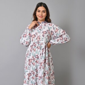 Cotton Handmade Block Print Women Long Dress Top Boho Summer Dress for Women, Comfortable Long Sleeve Light Weight Kurti Gown One Piece Long