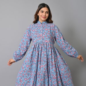 Full Sleeve Floral Maxi Dress Blouson Dress Skater Summer Dress For Women |Indian Block Print long Kurtis Floral Full Casual Summer Dress