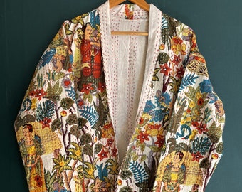 Veste courte indienne Kantha Quilt faite à la main, les femmes kimono portent une veste matelassée ouverte sur le devant Boho, une robe imprimée en blocs de fleurs, un manteau court d'hiver