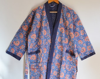 Jaipuri Kantha Kimono !! Indian Block Print Gudari Robe, Organic Cotton Handmade Unisex Open Jackets & Coat, Western Clothing Comfort Robes