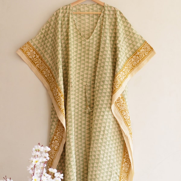 Caftan long et court en pur coton indien à col en V pour tenues de plage et tuniques, tenues d'été pour femmes nuisette en voile de coton, maxi