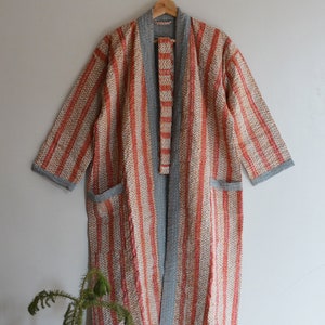 Unisex Wear Dress Jacket Long Coat, Flower Block Printed Kantha Kimono, Night Wear Dress Kimono, Soft Fabric Handmade Stitched Kantha Kimono