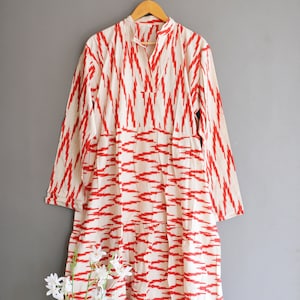 Christmas Red Ikat Print Indian Style Cotton Frill Dress For Women, Beach Cover Up, Travel Comfortable Dress, Beach Wear Dress, House Gown